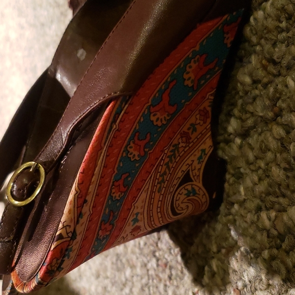 **LIGHTLY WORN** Anne Klein Brown Leather and Multi-Colored Satin Wedges - Picture 2 of 5